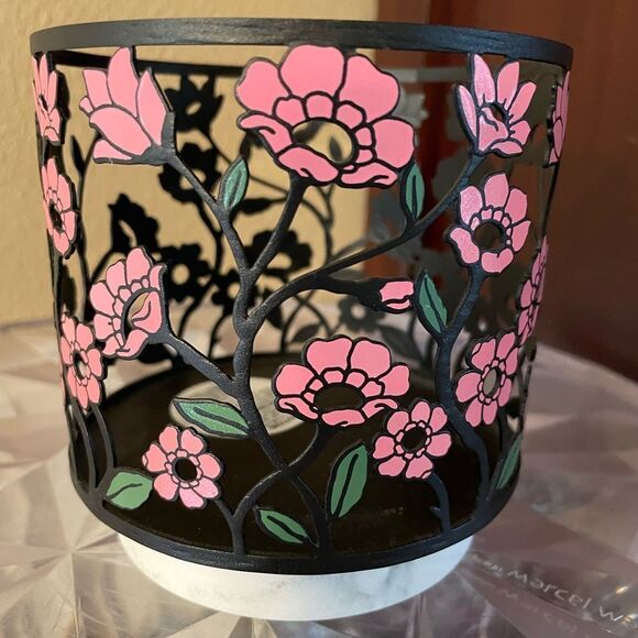 Bath & Body Works Black Metal Pink Poppy Flower Marble Base Candle Holder - Picture 9 of 14